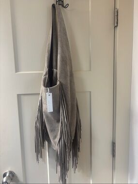 Fringed Suede Hobo Bag in Light Gray